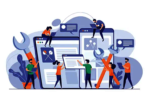 Ein Team aus kleinen, kreativen Köpfen, die gemeinsam an einer umfangreichen Website-Oberfläche für Mobil- und Desktop-Bildschirme arbeiten und dabei verschiedene Tools einsetzen.