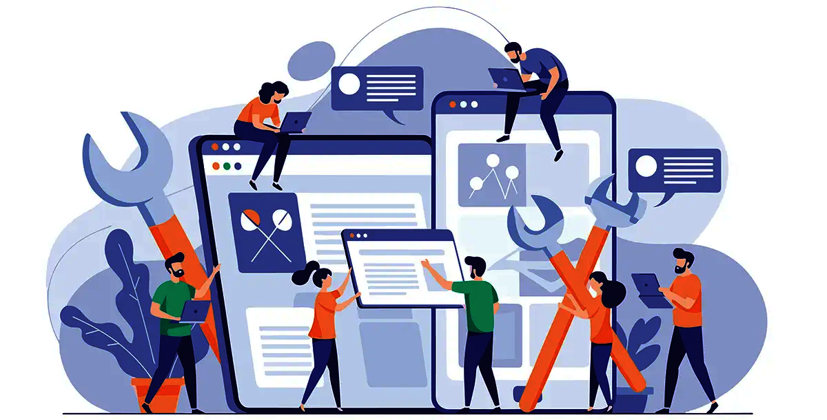 Ein Team aus kleinen, kreativen Köpfen, die gemeinsam an einer umfangreichen Website-Oberfläche für Mobil- und Desktop-Bildschirme arbeiten und dabei verschiedene Tools einsetzen.